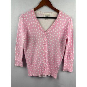 Eci New York Pink & White Polka Dot Cardigan Sweater Womens S 3/4 Sleeves V-Neck